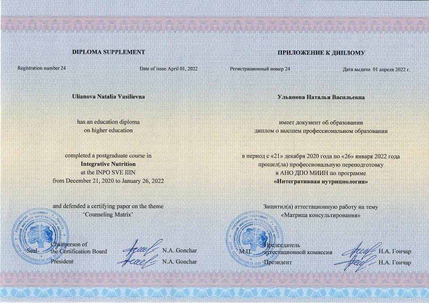 Диплом о профессиональной переподготовке МИИН по программе «Интегративная нутрициология»